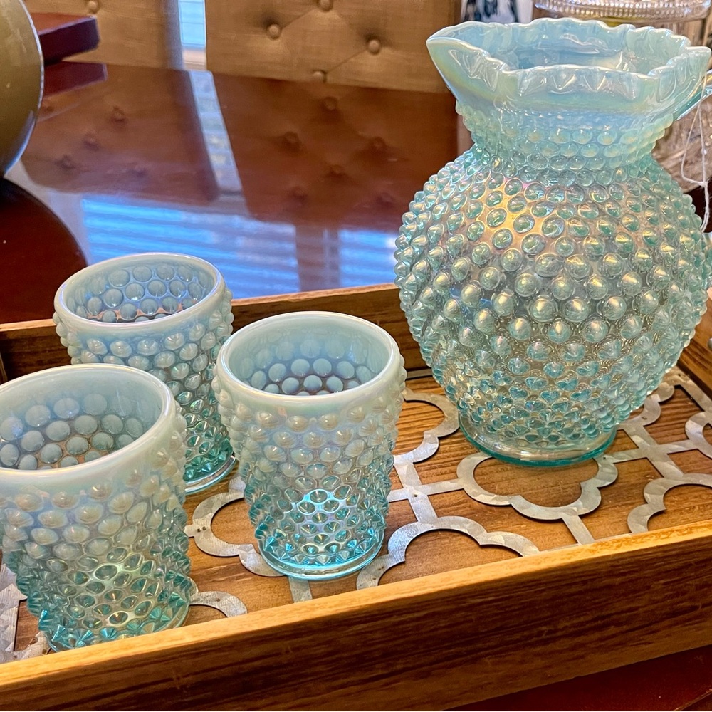 Fenton Iridescent Blue Hobnail Vase and Tumbler Set